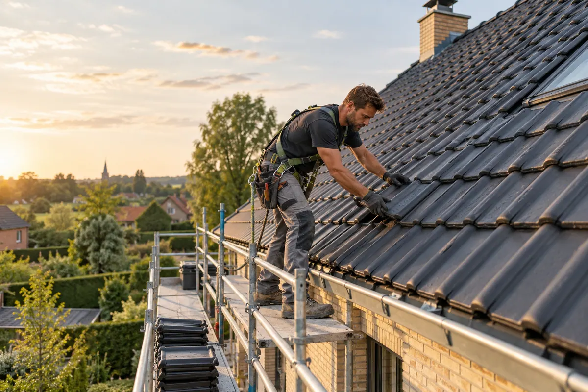 Een dakwerker plaatst dakpannen vanaf een stelling