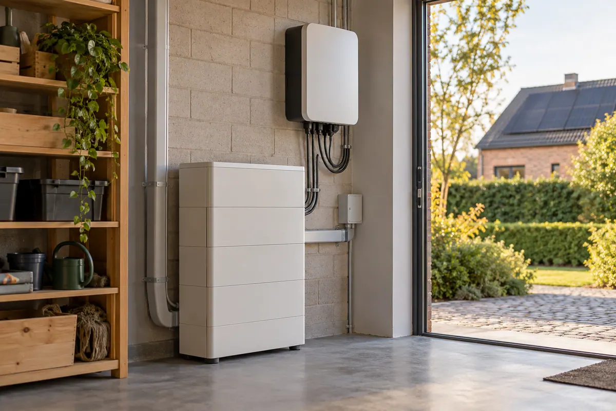 Een thuisbatterij met omvormer in een technische ruimte