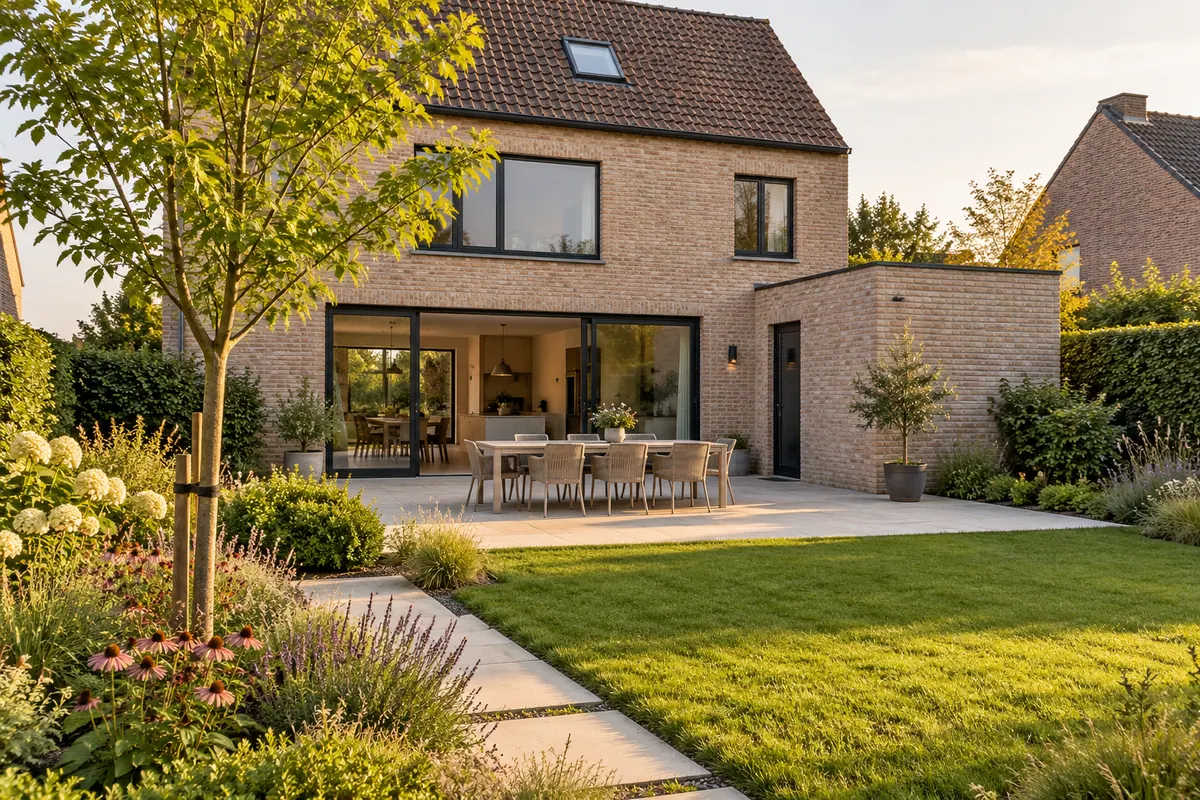 Een aangelegde tuin met terras, gras en beplanting