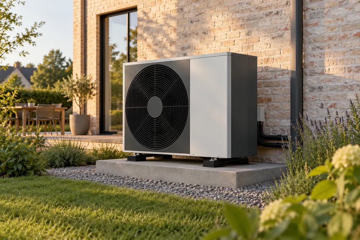 Een buitenunit van een warmtepomp naast een bakstenen woning