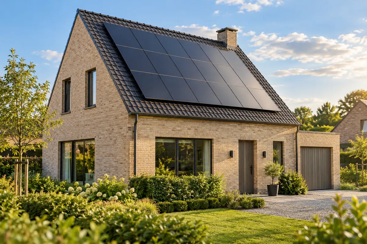 Zonnepanelen op het hellende dak van een bakstenen woning